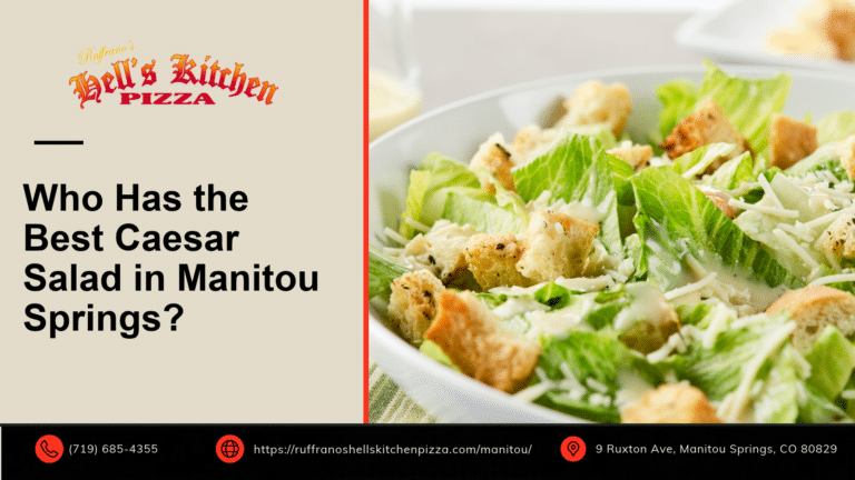 Caesar salad with romaine, croutons and shaved parmesan in a white bowl, with the title Who Has the Best Caesar Salad in Manitou Springs